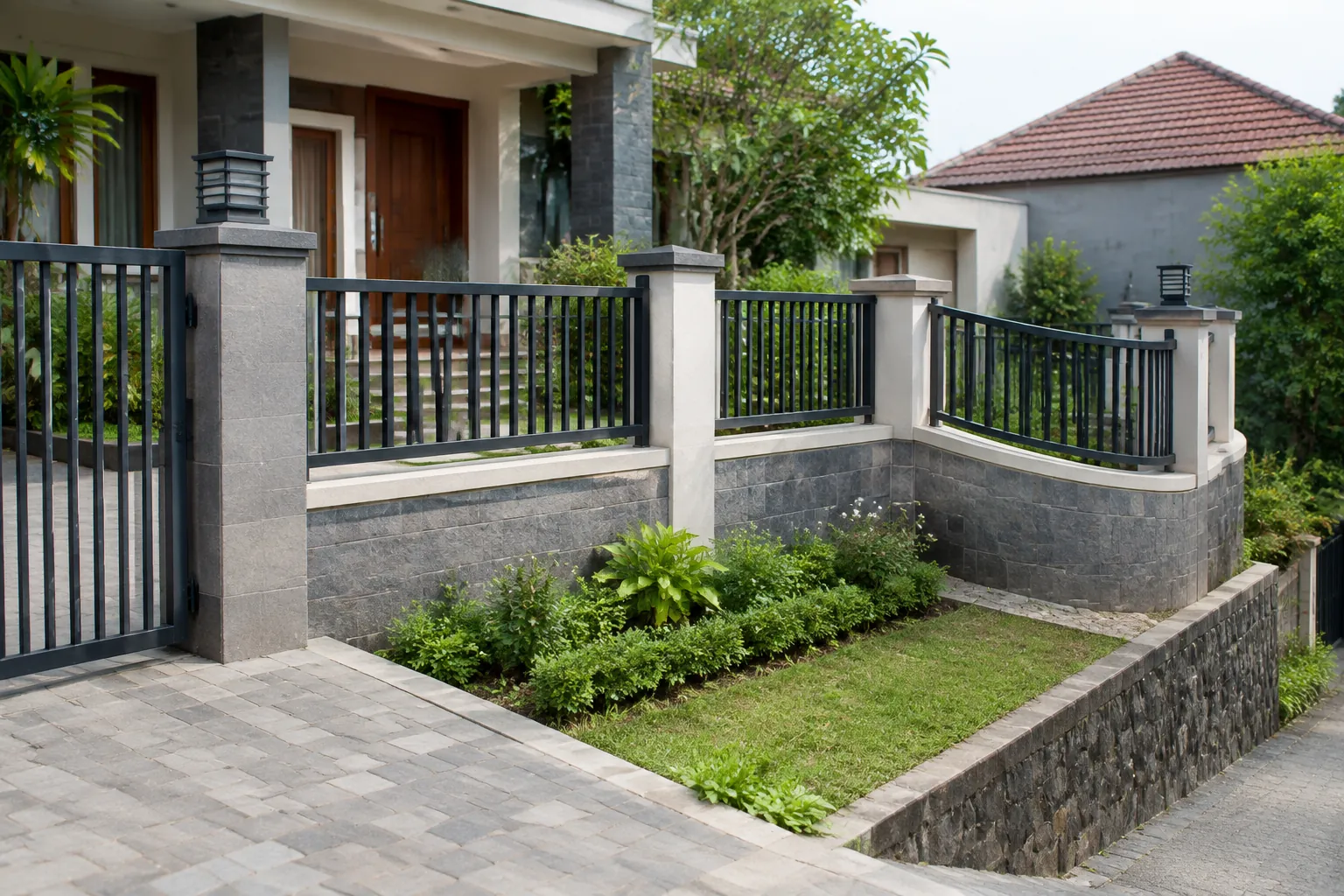 Pagar rumah mengikuti batas halaman yang membelok