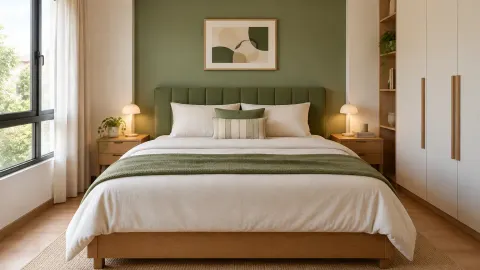 Dinding aksen hijau di belakang tempat tidur