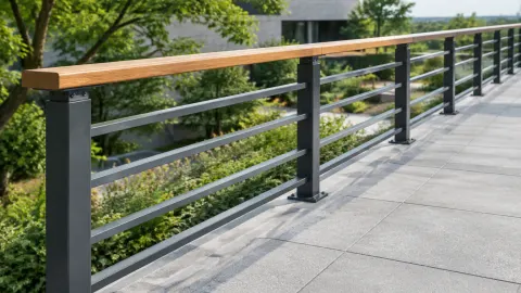 Railing hitam dengan pegangan kayu di tepi jalan