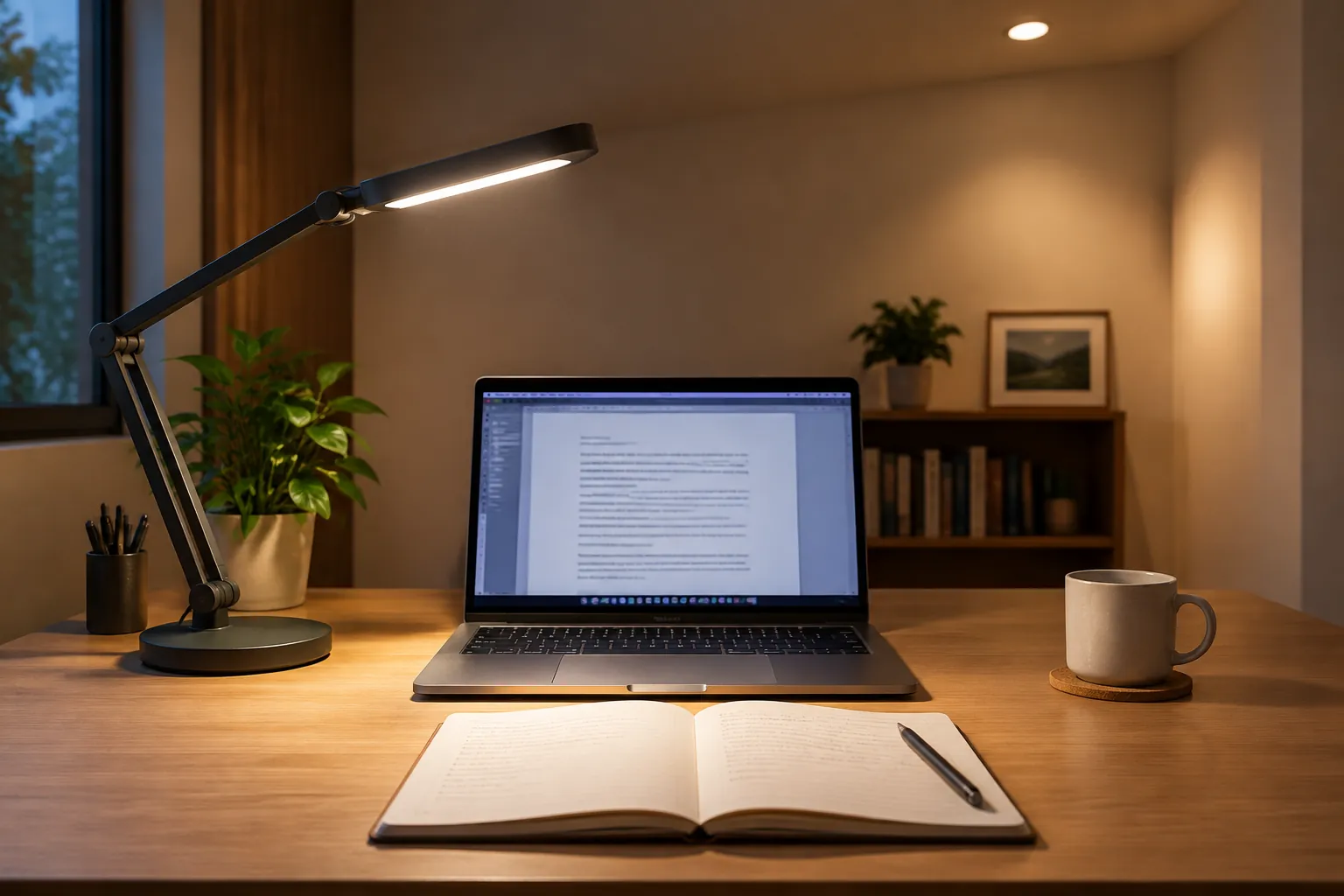Lampu kerja menerangi dokumen di samping laptop
