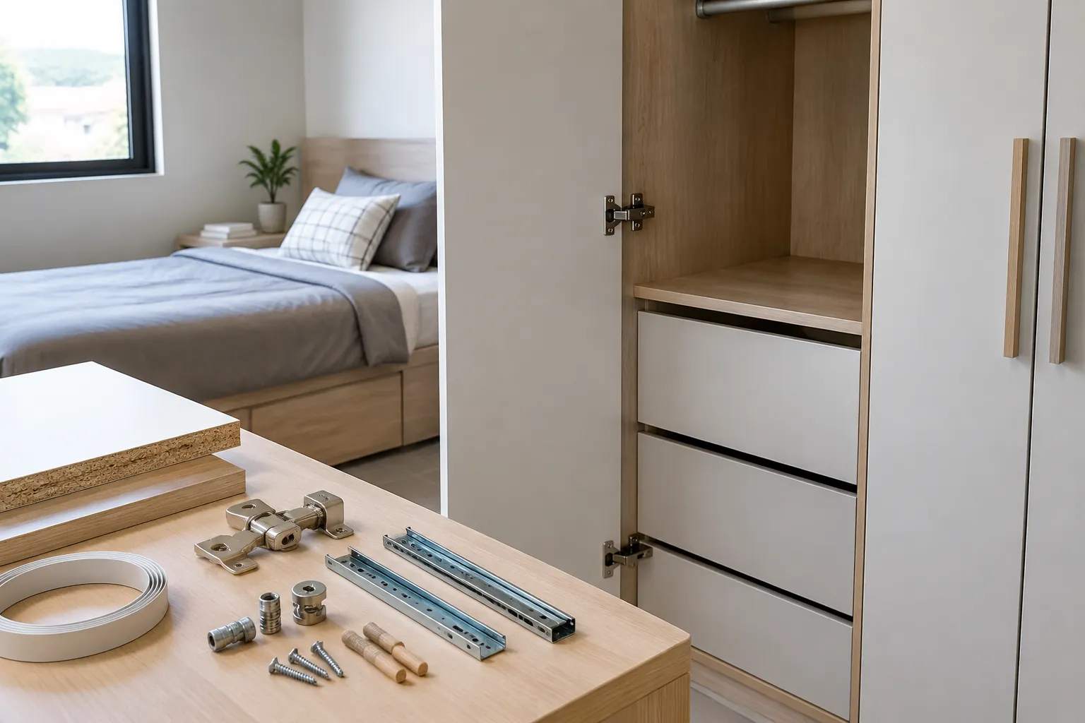 Perangkat rel dan engsel lemari di meja kamar