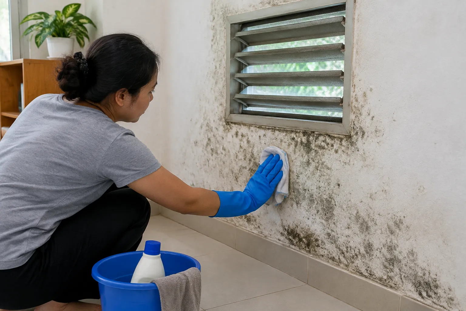 Penghuni membersihkan dinding bercak di dekat ventilasi