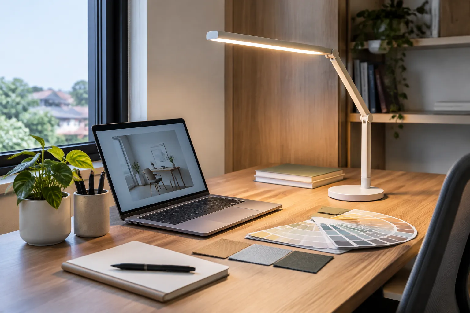 Lampu meja menerangi bidang kerja di samping laptop