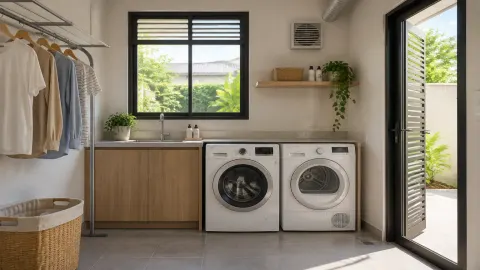 Mesin cuci dan pengering di dekat jendela laundry