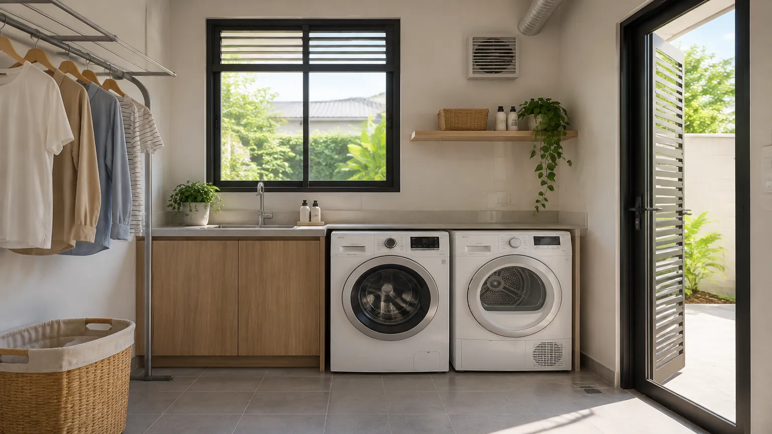 Mesin cuci dan pengering di dekat jendela laundry