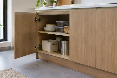 Kabinet dapur terbuka dengan rak penyimpanan