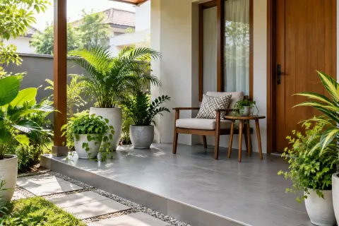 Tanaman pot di teras rumah dengan dua kursi