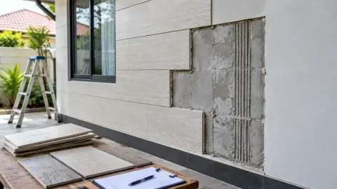 Dinding luar rumah yang sebagian lapisannya dilepas
