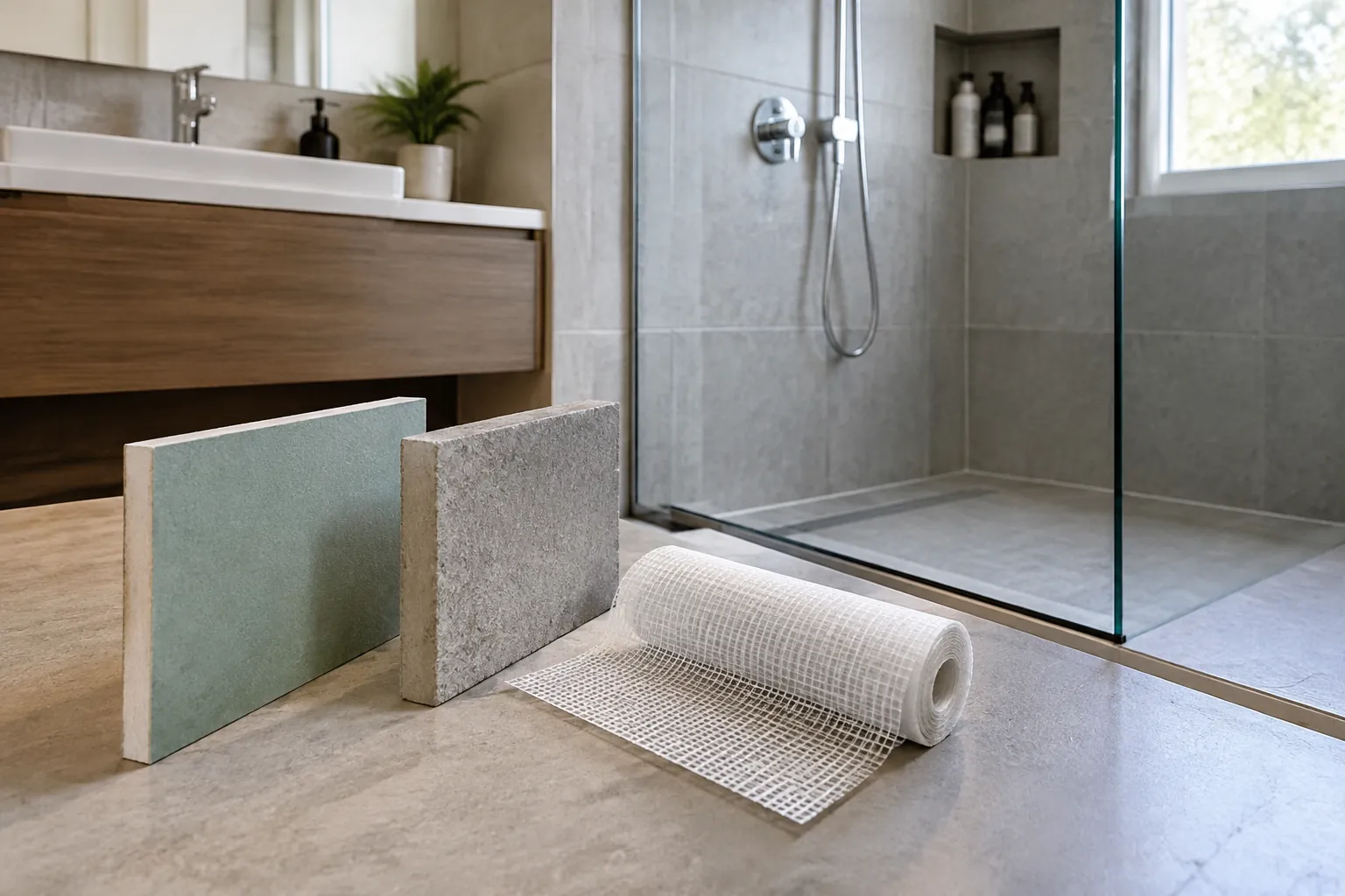 Sampel bahan di depan shower.