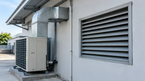 Kisi ventilasi pada dinding luar dekat unit pendingin