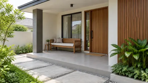 Teras rumah minimalis dengan bangku dan tanaman di samping pintu