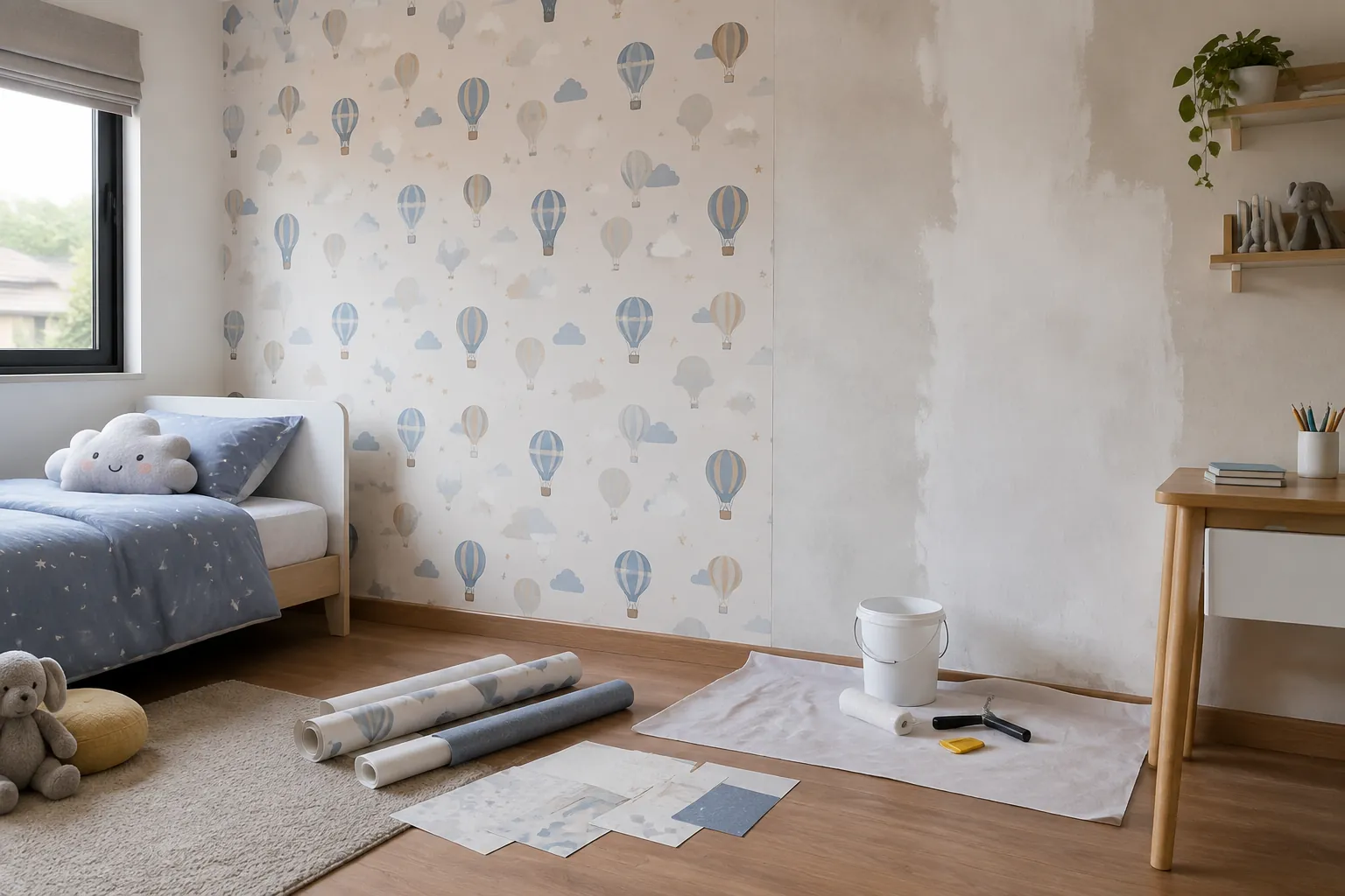 Gulungan wallpaper dan contoh bahan berada di kamar anak