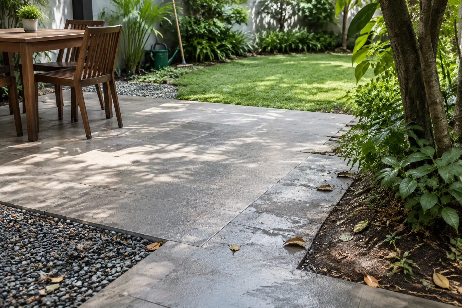 Permukaan jalur taman tampak basah di bawah pohon