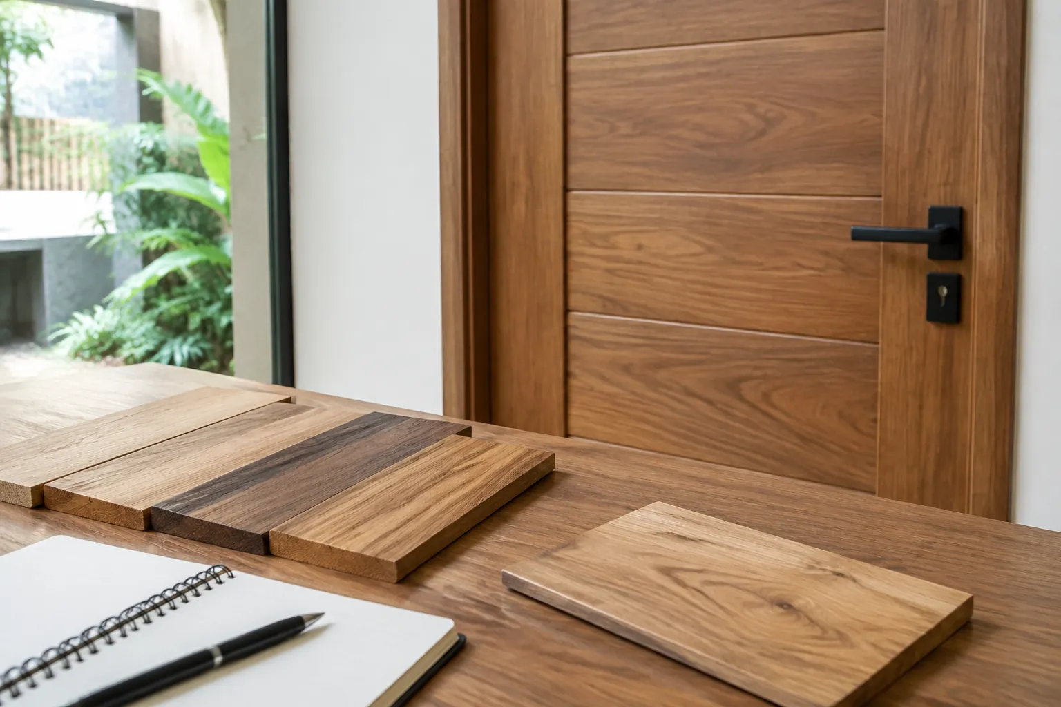 Sampel panel kayu tersusun di depan pintu kayu