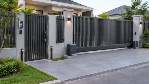 Gerbang besi geser menyatu dengan pagar depan rumah