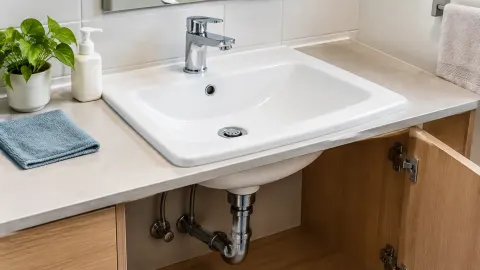 Wastafel dengan kabinet akses terbuka di bawahnya