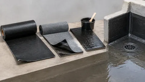 Gulungan bahan waterproofing bitumen di dekat sudut dan saluran lantai