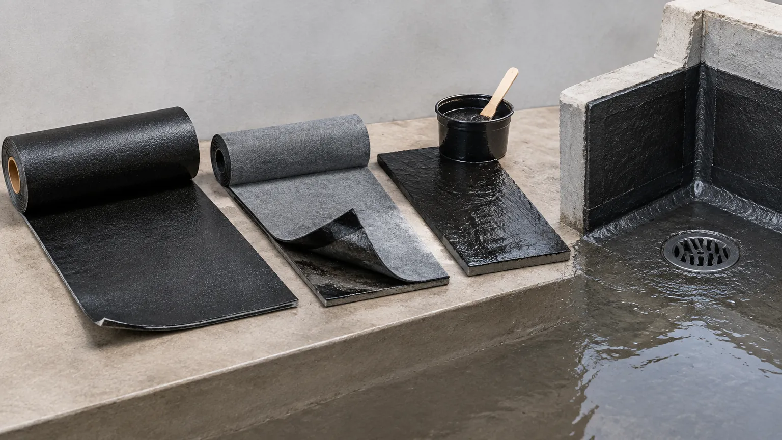 Gulungan bahan waterproofing bitumen di dekat sudut dan saluran lantai