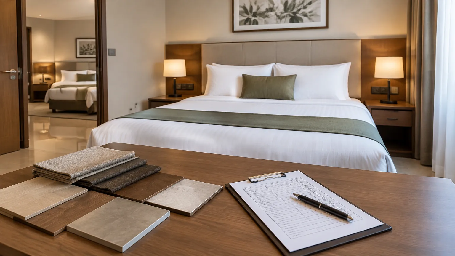 Kamar hotel dengan sampel bahan dan daftar pekerjaan di meja depan