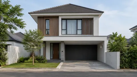 Fasad rumah dua lantai dengan bukaan garasi besar