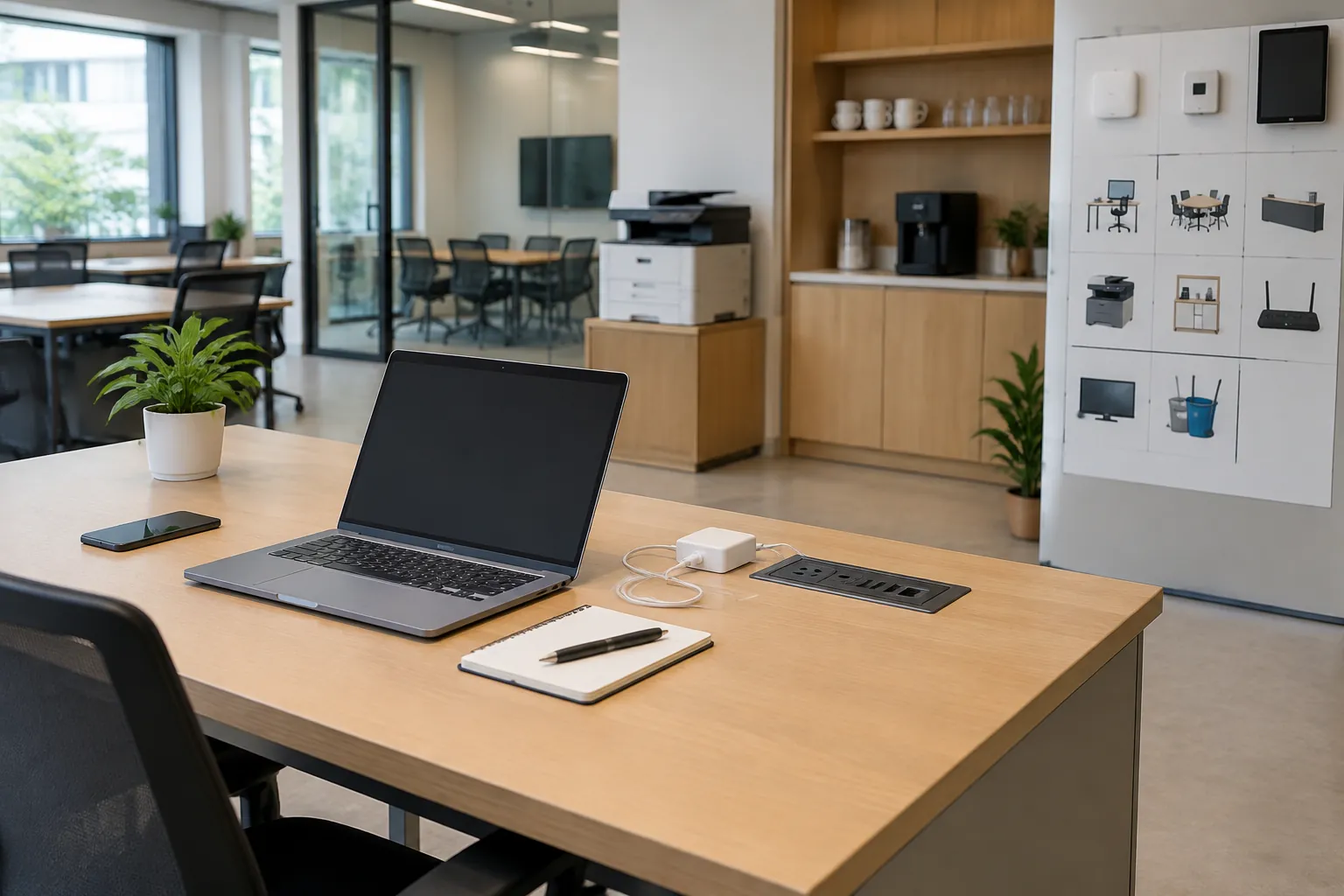 Laptop, meja dan perangkat kerja berada di ruang kantor