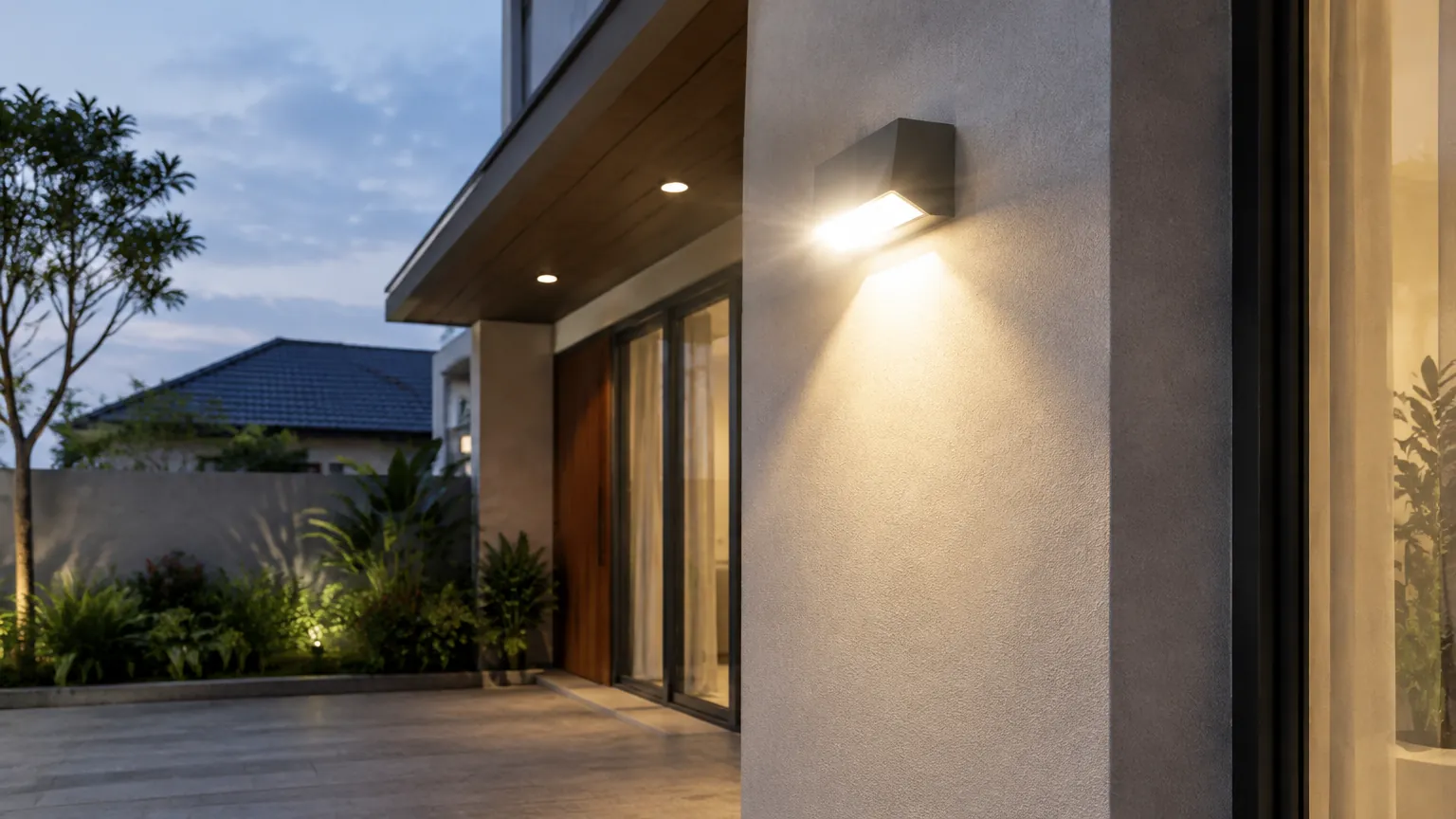 Lampu dinding menyinari fasad rumah saat senja