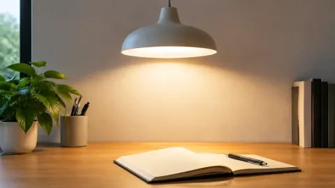 Lampu gantung menerangi buku di atas meja