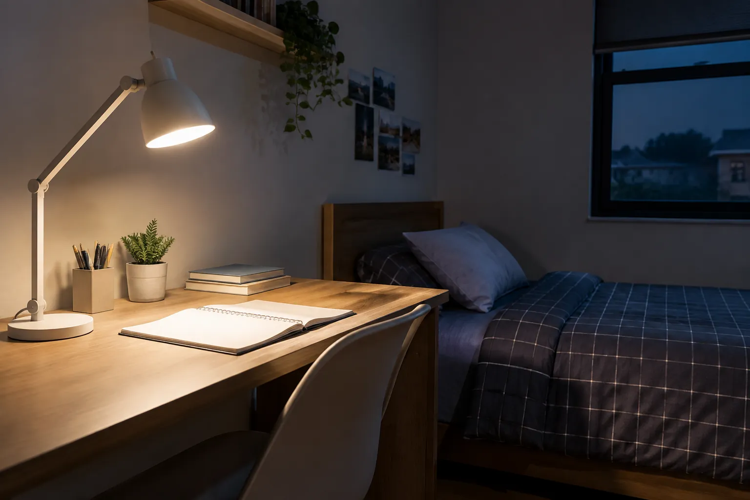 Lampu meja menyinari area belajar di kamar remaja yang redup