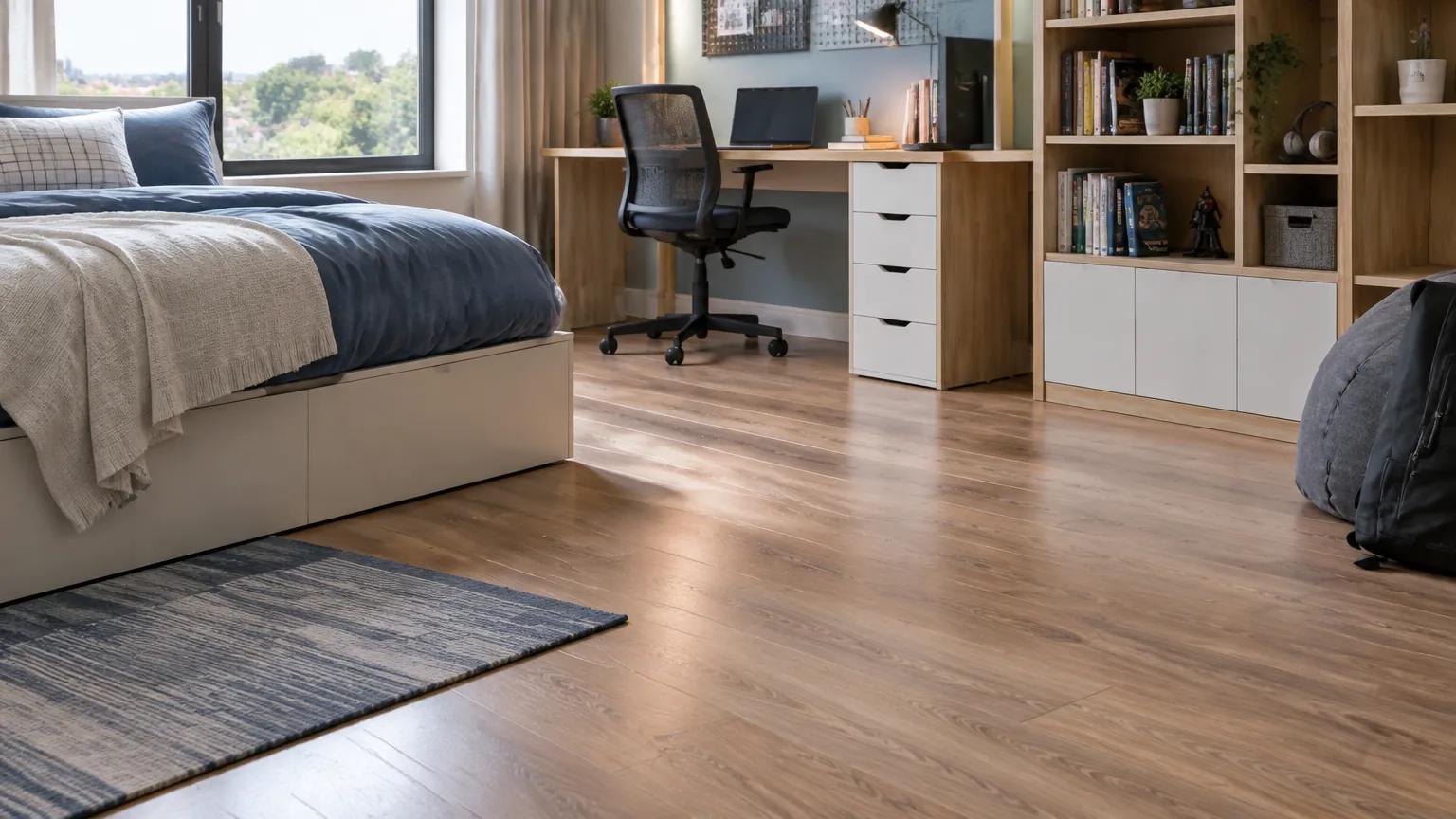 Lantai kayu pada kamar remaja dengan meja belajar