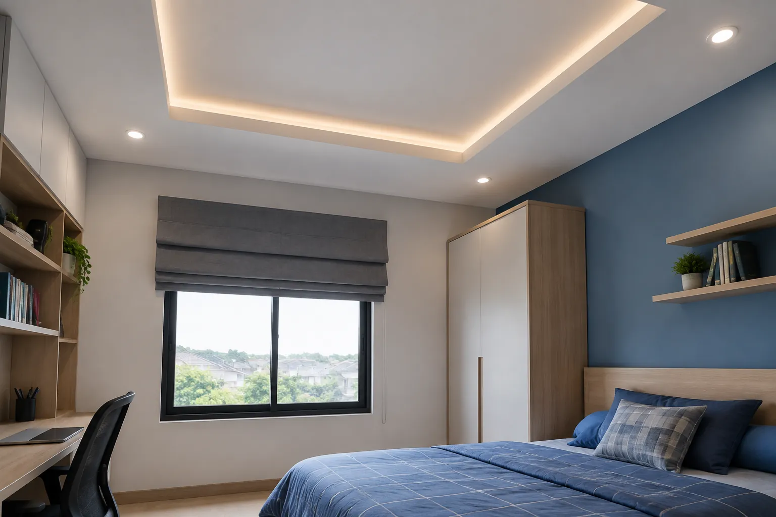 Kamar remaja dengan plafon berlampu tersembunyi