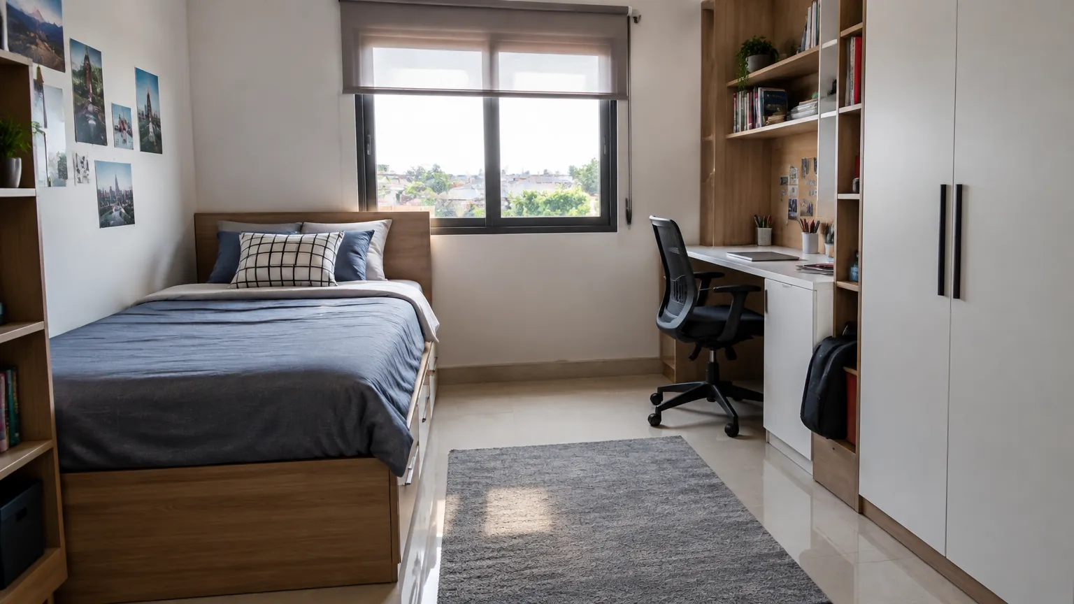 Kamar remaja dengan tempat tidur, lemari, dan meja kerja