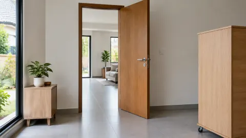 Pintu kayu terbuka di antara dua ruangan