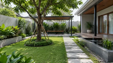 Taman rumah dengan pohon dan area duduk di sisi jalur