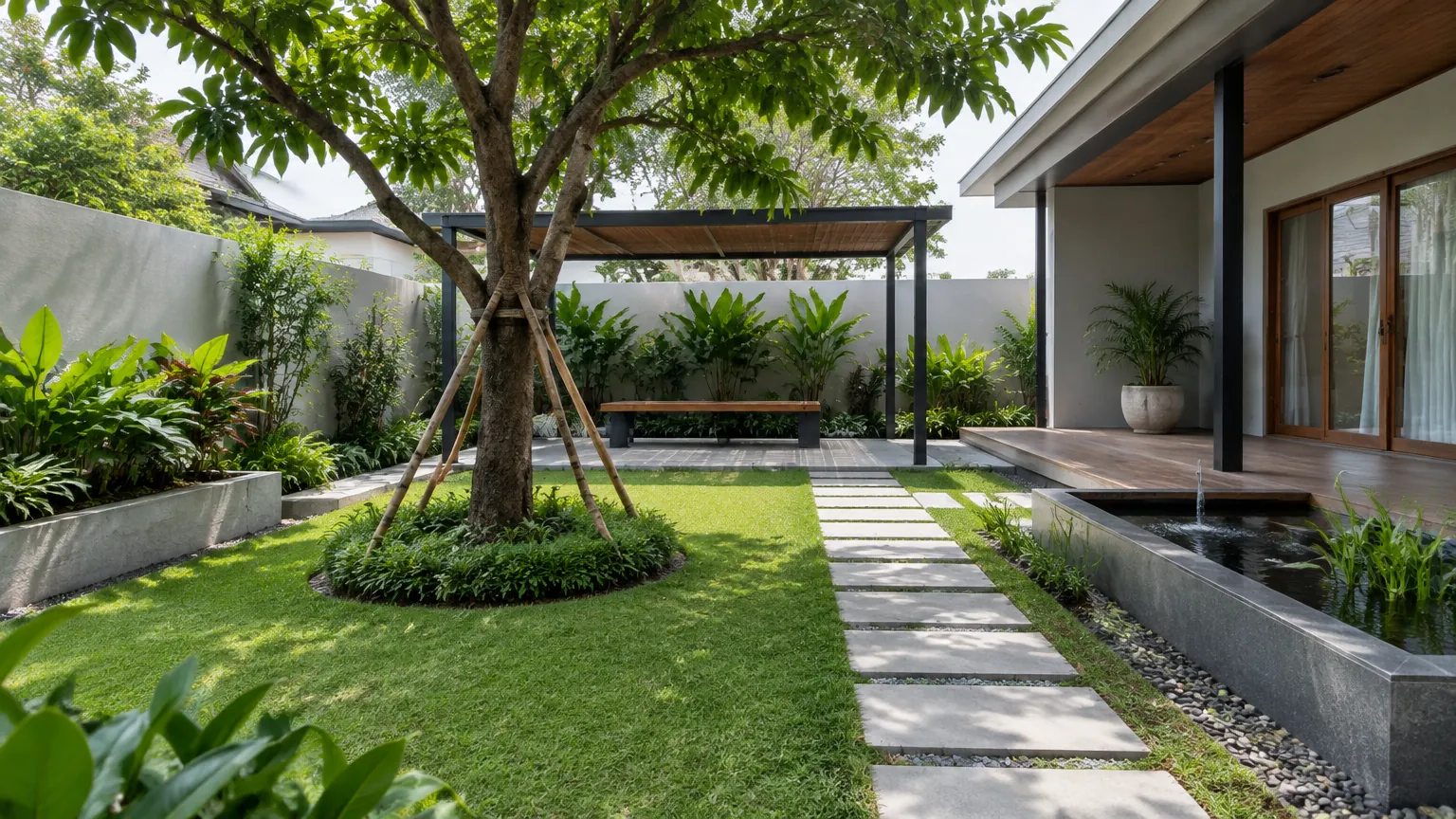 Taman rumah dengan pohon dan area duduk di sisi jalur