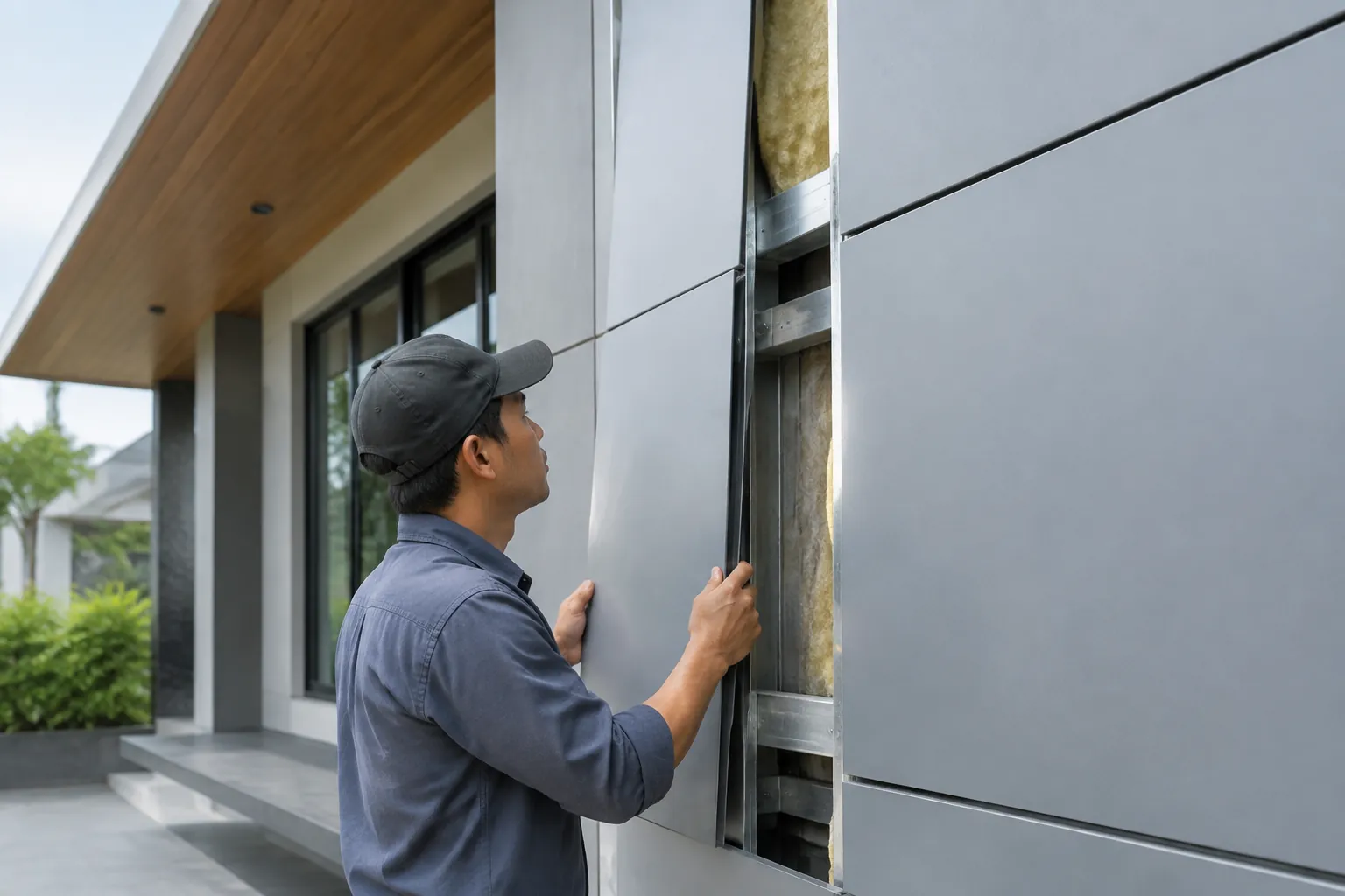 Celah pada cladding logam memperlihatkan susunan dalam.