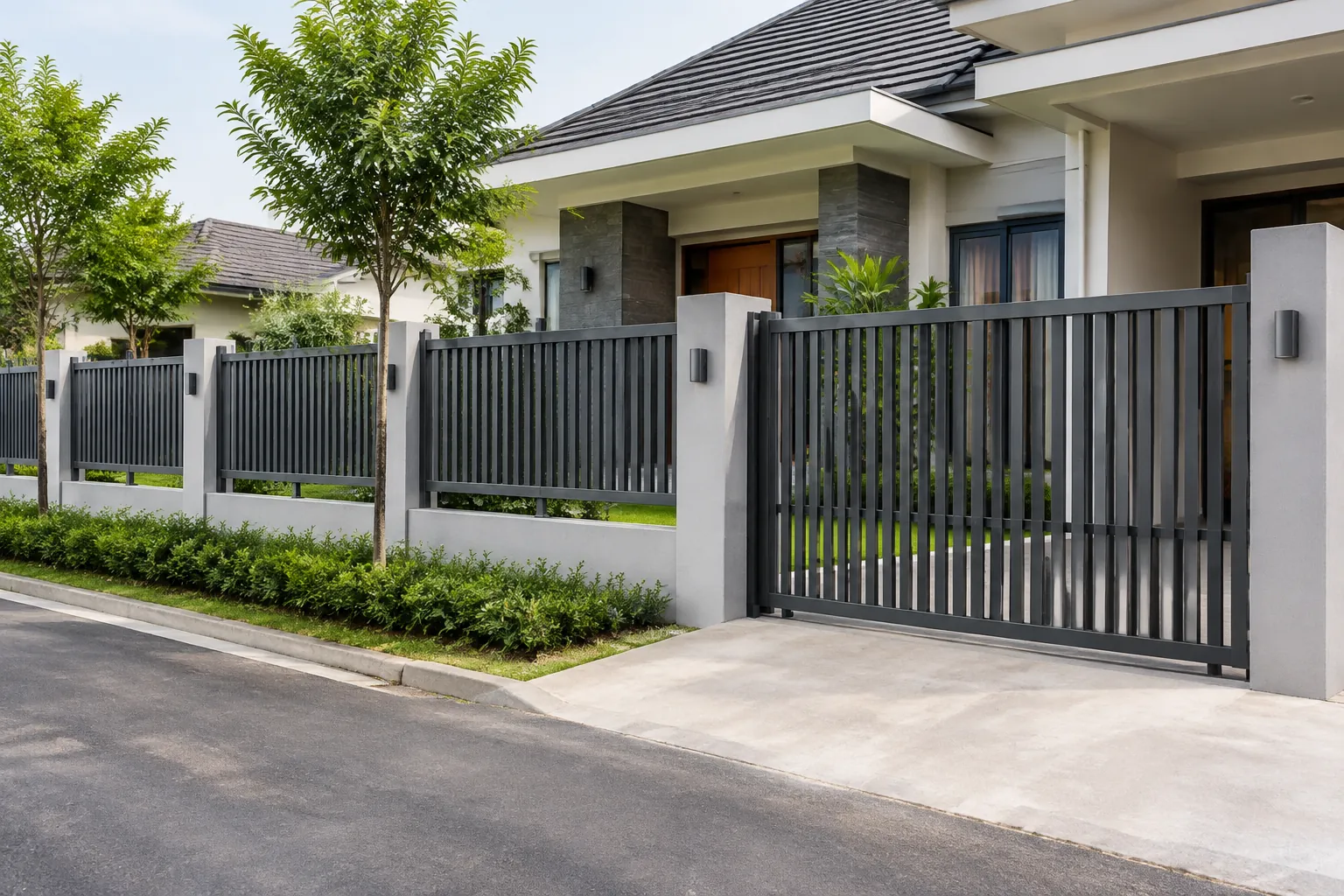 Pagar bilah logam mengikuti deretan pilar depan rumah