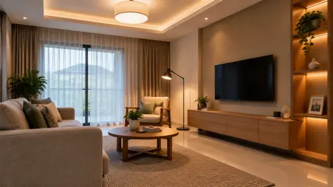 Ruang tamu dengan lampu plafon, lampu meja, dan cahaya jendela