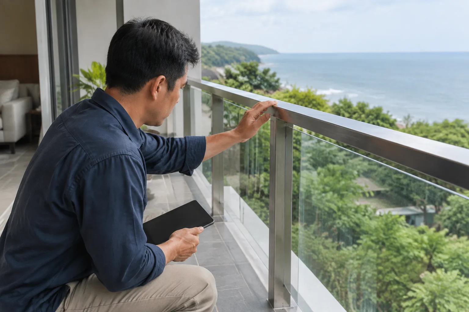 Orang memeriksa railing kaca yang terlihat baik.