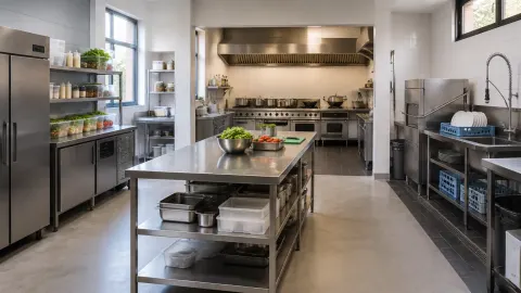 Dapur restoran dengan meja kerja dan kompor panjang