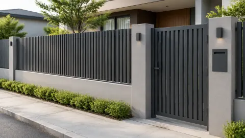 Pagar logam gelap di depan rumah modern