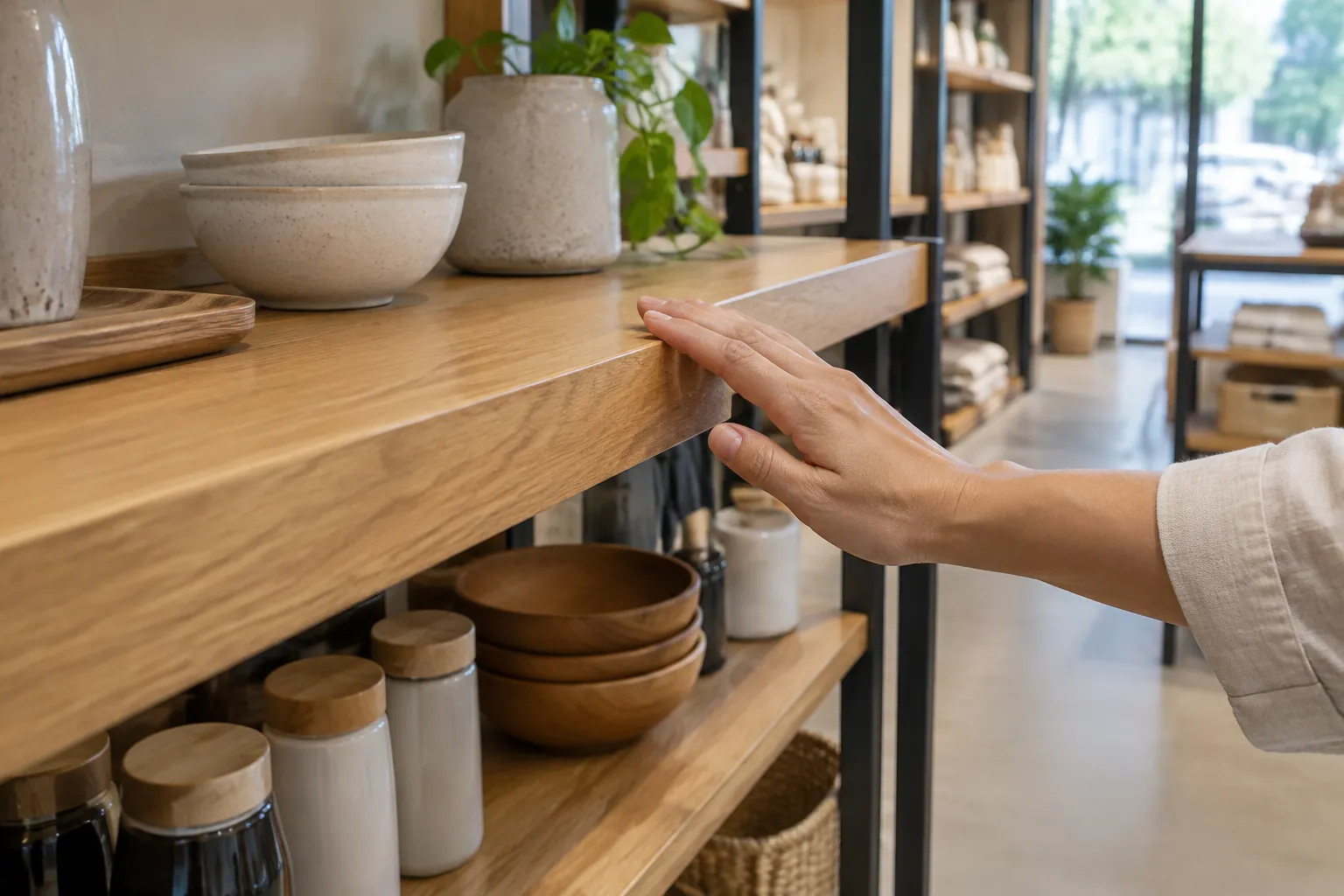 Seseorang menyentuh permukaan meja display kayu