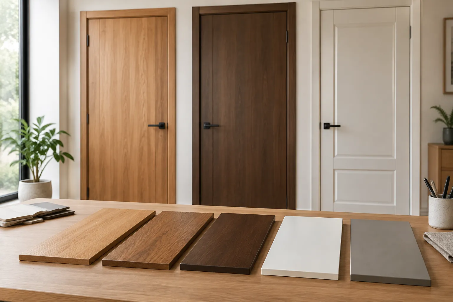 Beberapa pintu dengan warna kayu dan putih berbeda