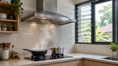Jendela dapur terbuka di dekat kompor dan pengisap asap