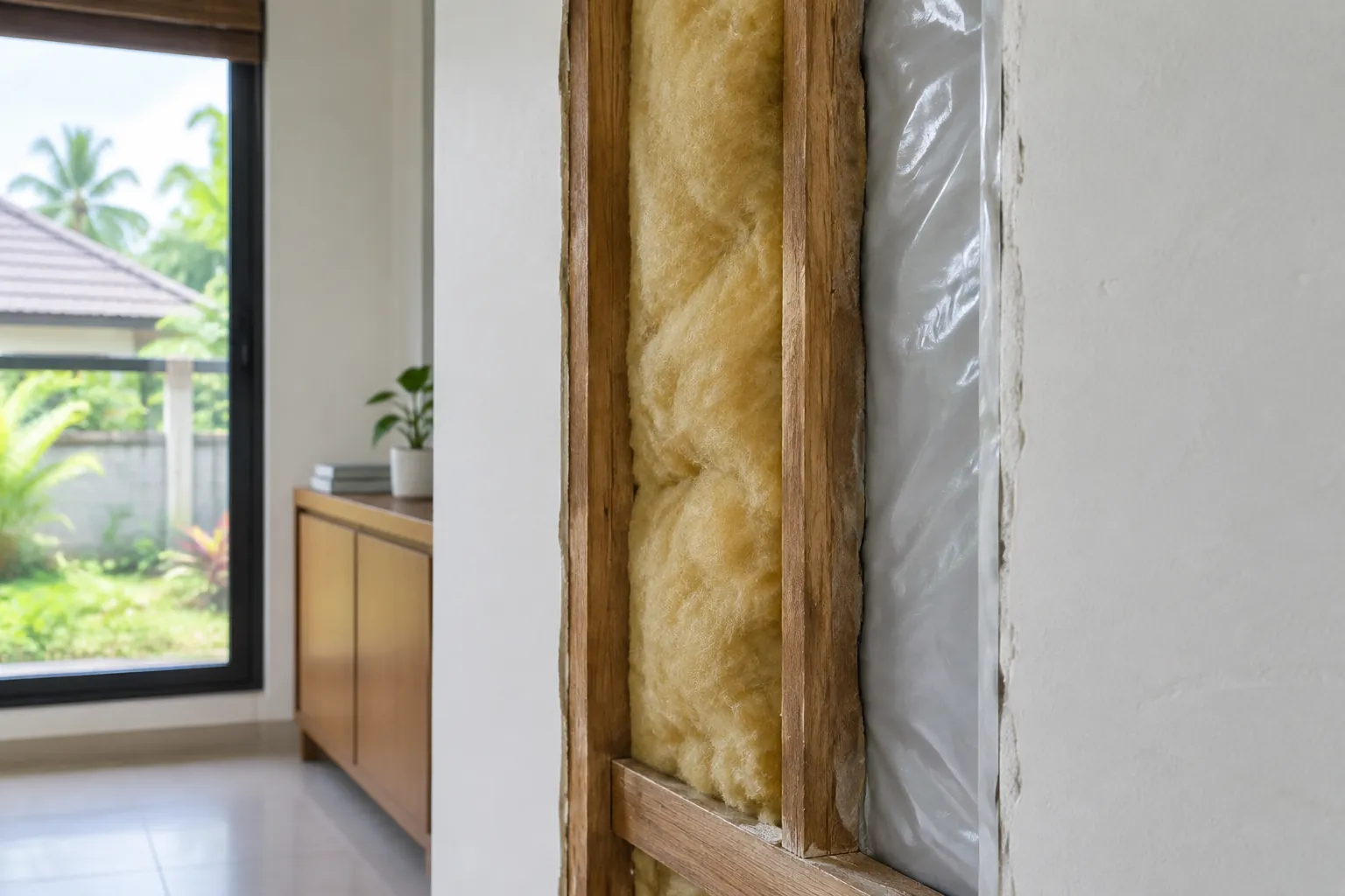 Detail lapisan insulasi di dalam rangka dinding kayu