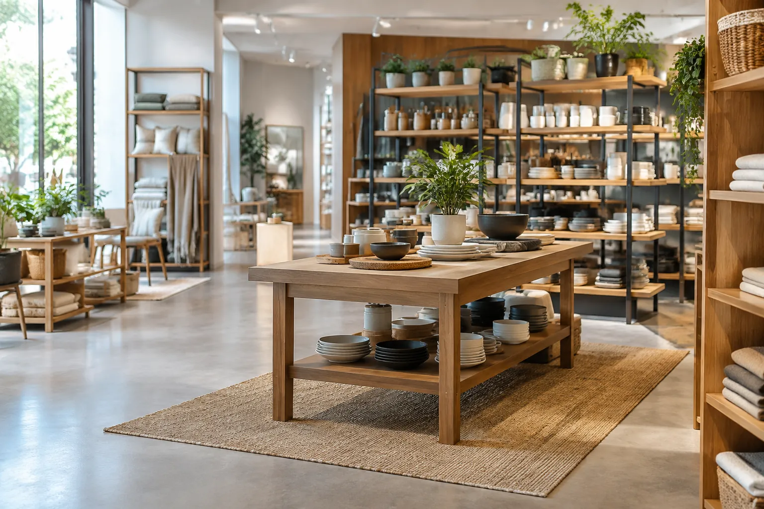 Meja produk interaktif berada di antara rak kategori dalam showroom
