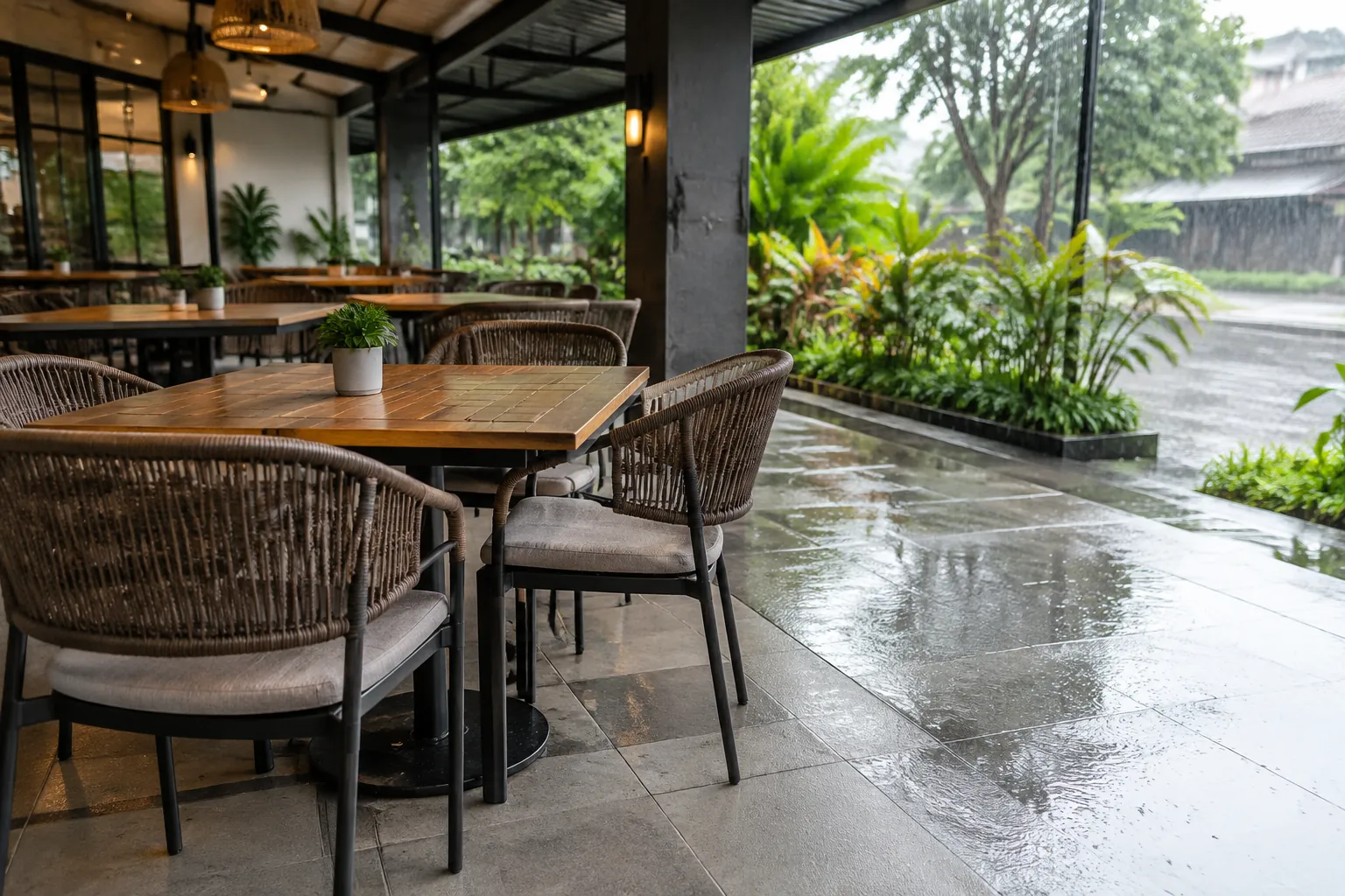 Teras kafe berlantai basah setelah hujan