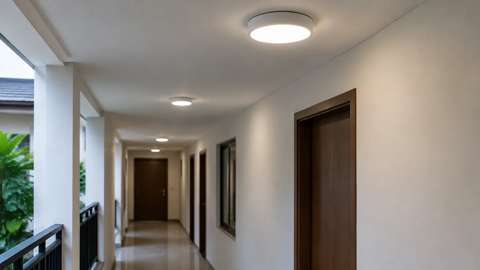 Lorong rumah dengan beberapa lampu plafon menyala