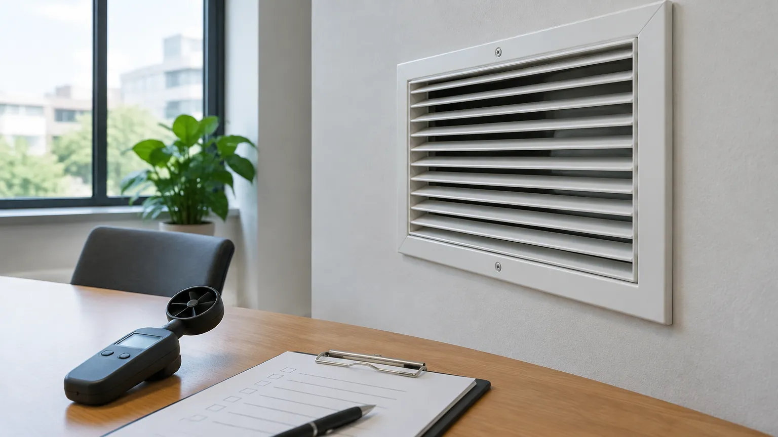 Kisi ventilasi dinding dan alat ukur aliran udara di sebuah ruang