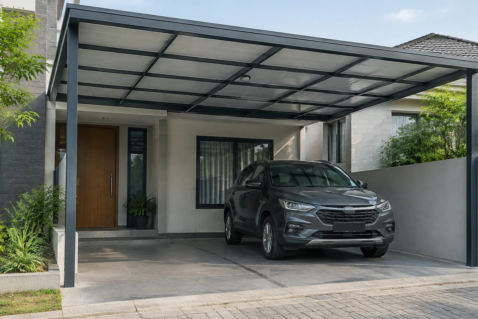Kanopi carport menaungi mobil di depan rumah