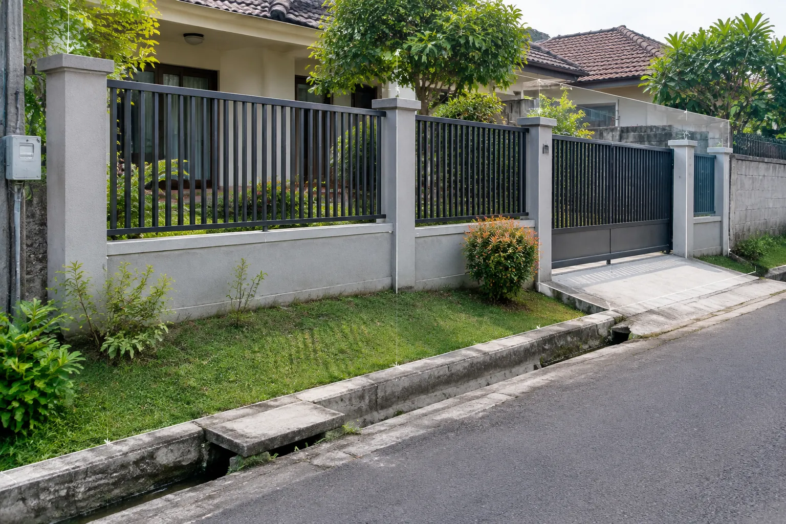 Pagar rumah dan tepi jalan di sekitar saluran air
